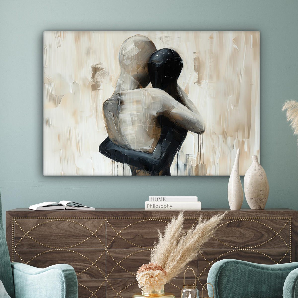 LEINWANDBILD Abstrakt - Liebe - Schwarz und weiß - Modern Wohnzimmer Groß 120x80 cm - Schwarz, Textil (120/80cm) - MuchoWow