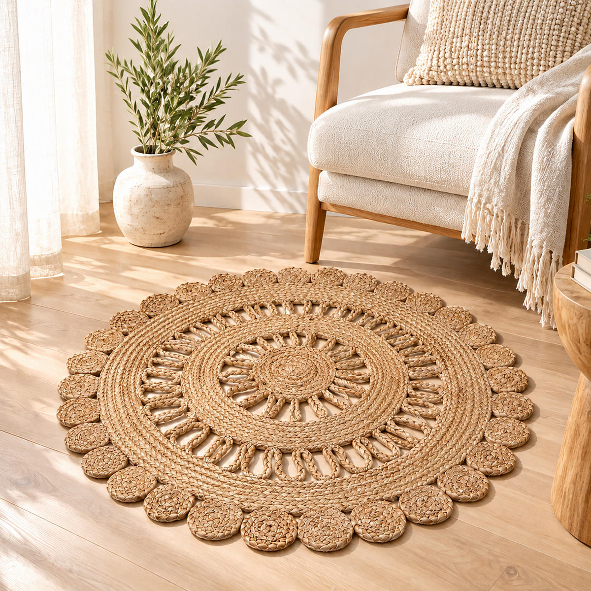 TEPIH prirodna okrugli juta ručno tkan 60 cm - boje pijeska, tekstil (60/60cm) - Relaxdays