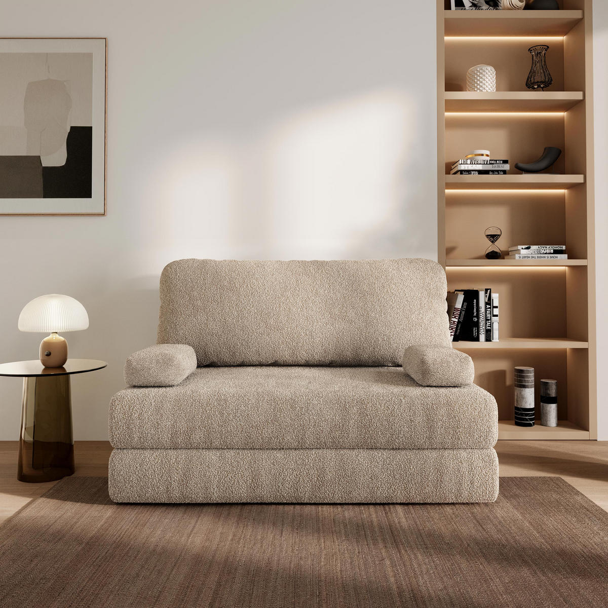 BETTSOFA KESTE aus Schaumstoff Bucle-Stoff Beige Schlaffunktion - Beige, Textil (140/86/60cm) - MASSENO