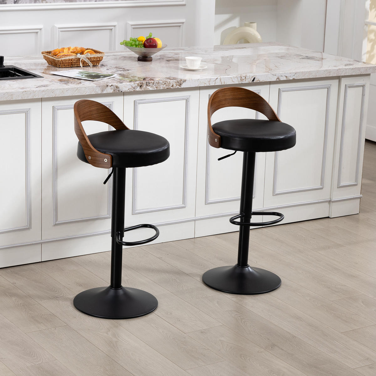 BARHOCKER 2er-Set drehbar mit PU-Sitz und Walnussholz, Schwarz - Schwarz, Kunststoff (42.5/77/42cm)