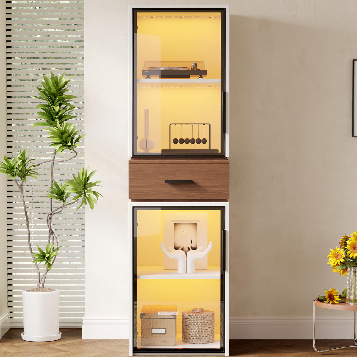 HIGHBOARD 40/40/200 cm in Weiß mit LED-Beleuchtung und Glastüren - Weiß, Holzwerkstoff (40/200/40cm) - Flora Grace