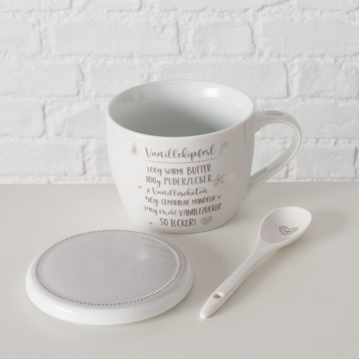 PORZELLANBECHER mit Deckel Bakery Muster 1 600 ml 17/11,5/12,5 cm - Beige, Keramik (0.6L) - Boltze Home