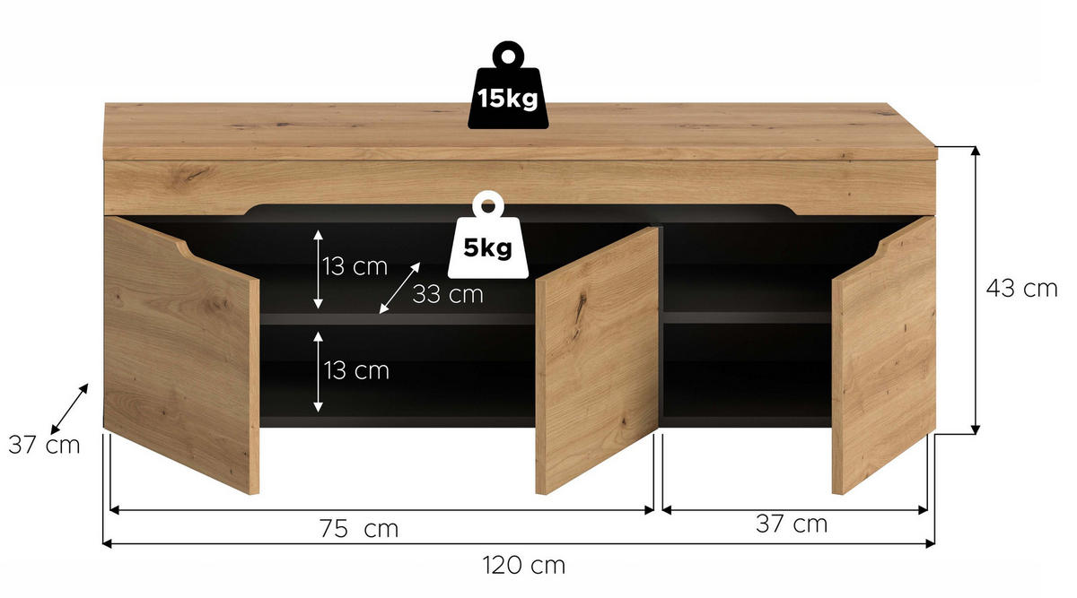 SITZBANK CANU (B/H/T: ca. 120/43/37 cm) in Basalt grau/Artisan Nachbildung - Grau, Holzwerkstoff (120/43/37cm)