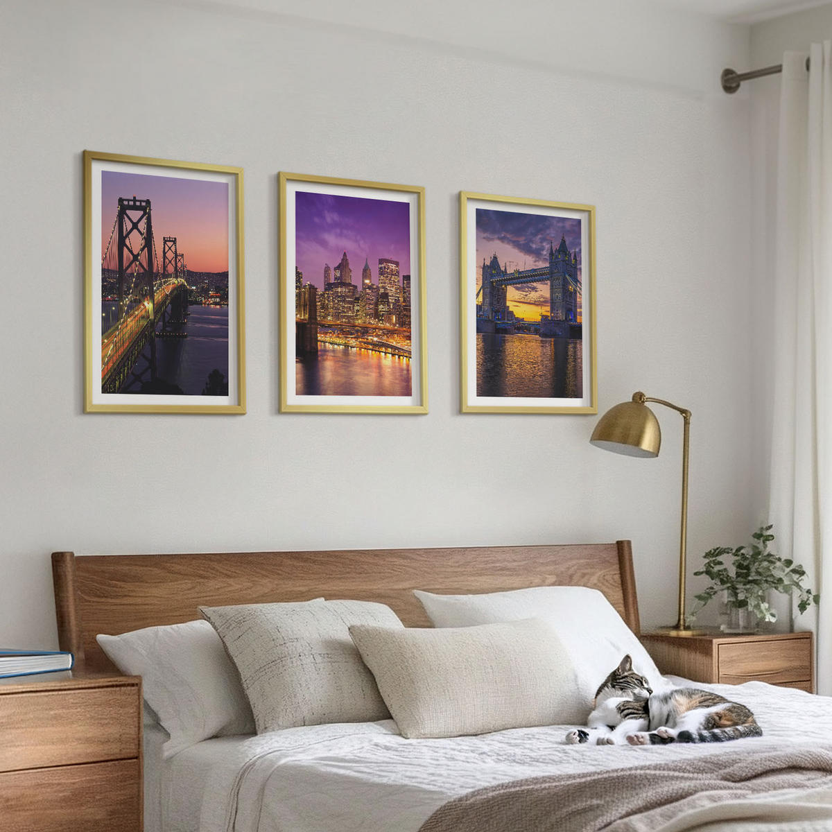 WANDBILDER 3er Set - 40x60 cm Goldrahmen - Brücken, Sonne, Stadtblick - Goldfarben, Kunststoff (40/60cm) - ArtPrintCave