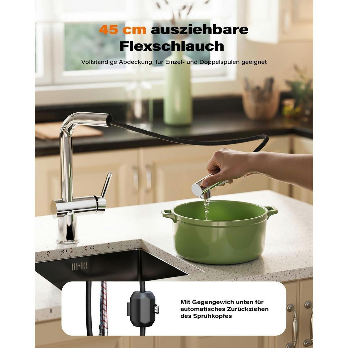 KÜCHENARMATUR mit Ausziehbrause und 360° Schwenkfunktion Chrom - Silberfarben, Metall (31.8/58/41cm)