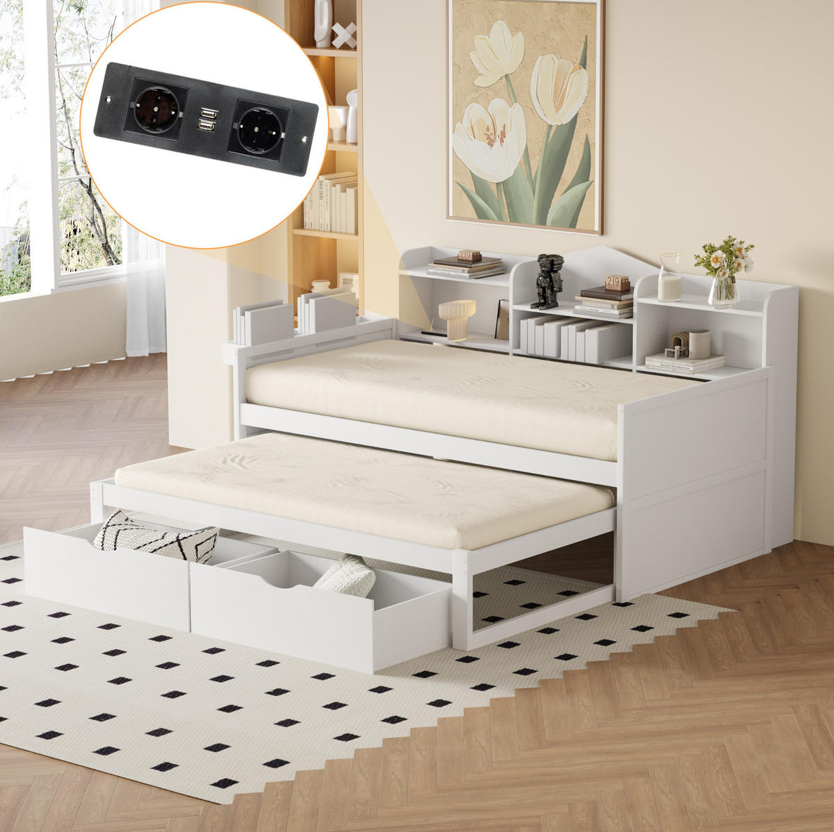 AUSZIEHBETT 90/200 cm in Weiß aus Holzwerkstoff mit Stauraum und USB-Anschluss - Weiß, Holz (90/200cm) - Flora Grace