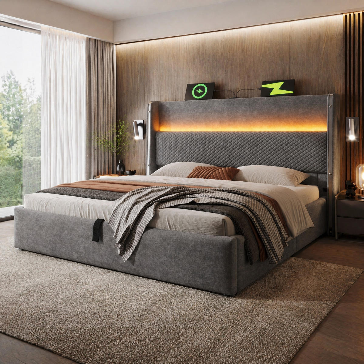 POLSTERBETT 160/200 cm in Grau mit Bettkasten, LED und USB Type-C Leinen Design - Grau, Holzwerkstoff/Textil (160/200cm) - STILVORA