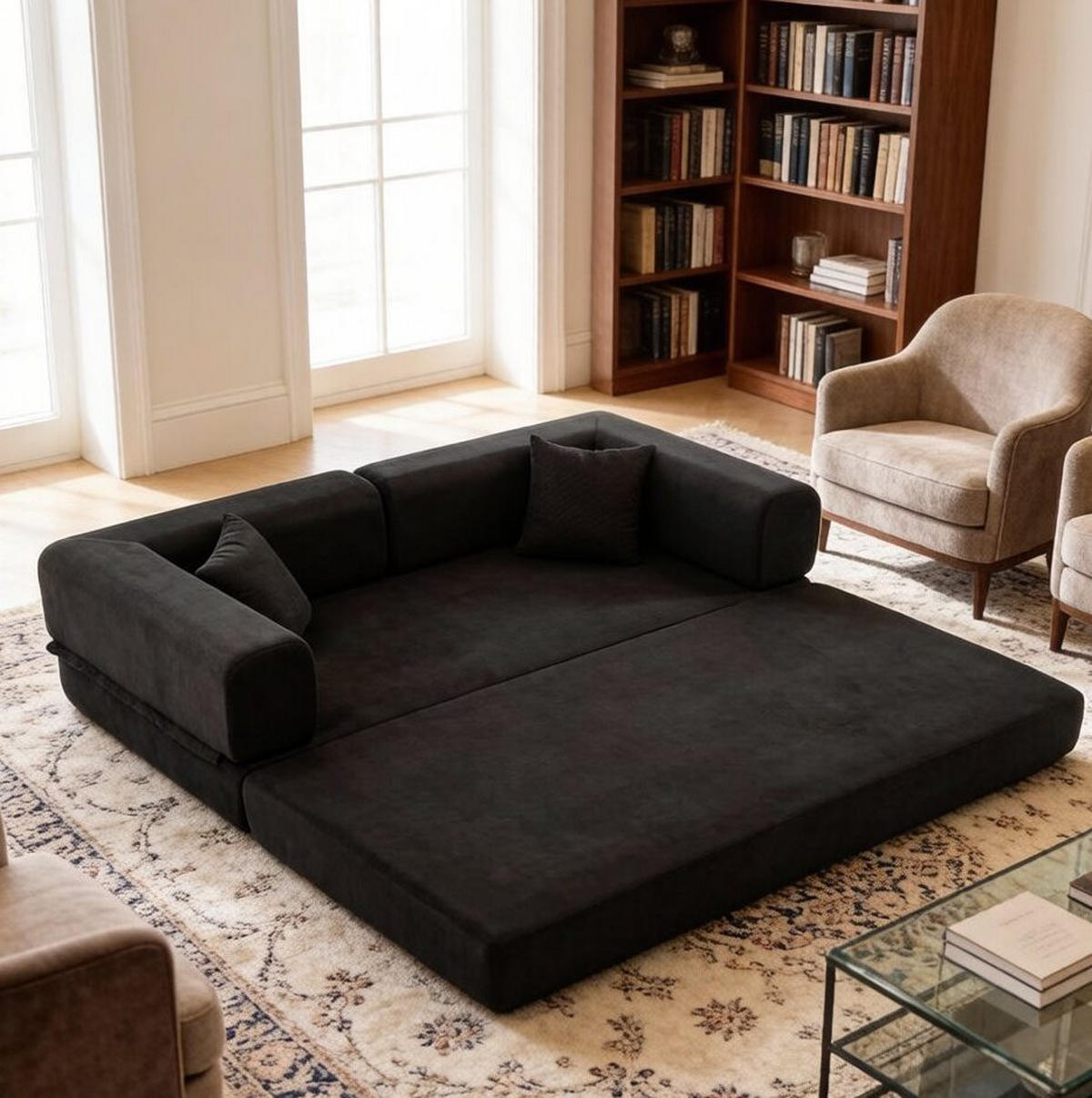3-SITZER 200/100/70 cm Schlafsofa schwarz aus Cord mit Armlehnen - Schwarz, Textil (100/70/200cm) - OKWISH