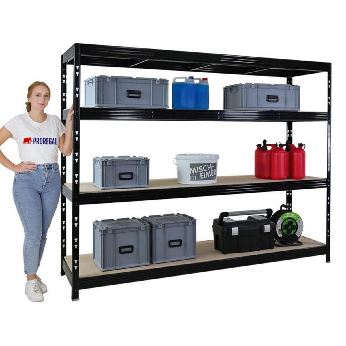 SCHWERLASTREGAL Rhino 180x240x60cm, 4 Spanplatten-Ebenen 8mm, Fachlast 450kg, Schwarz - Schwarz, Metall (240/180/60cm) - PROREGAL