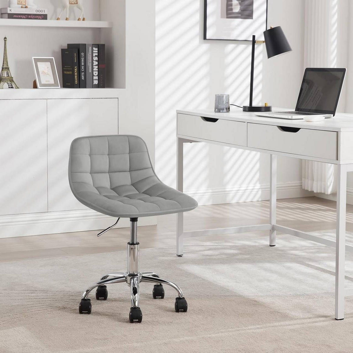 DREHSTUHL mit Rollen, Samt, Hellgrau - Hellgrau/Schwarz, Textil/Metall (43/60/50cm) - Woltu