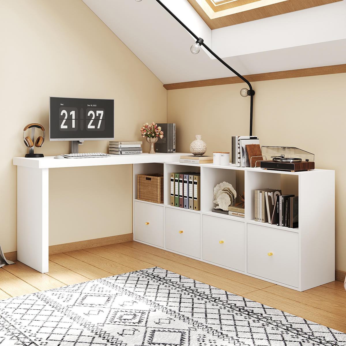 ECKSCHREIBTISCH 360° drehbar L-Form 4 Schubladen 4 Fächer weiß MDF - Weiß, Holzwerkstoff (120/48/78cm) - FLIEKS