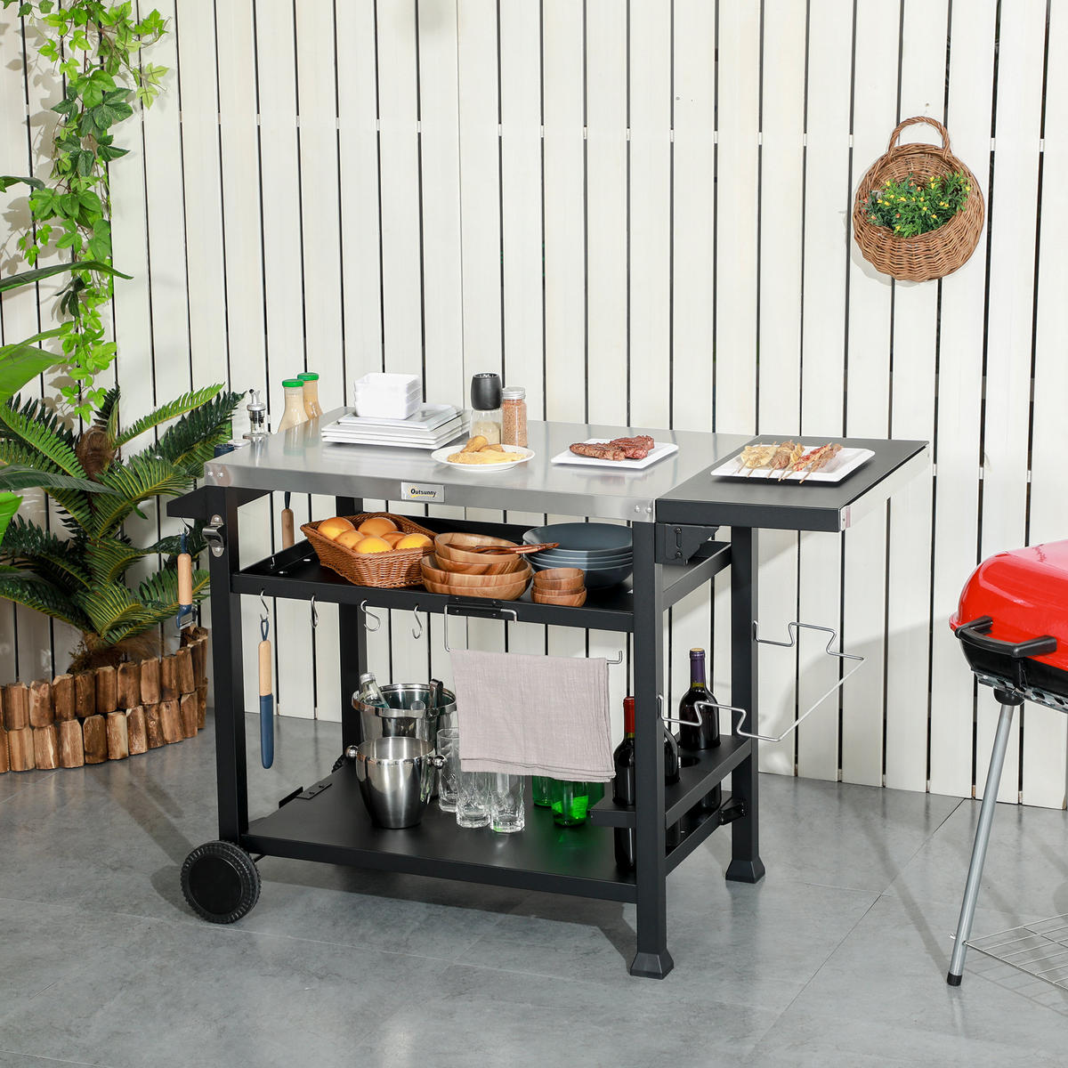 GRILLWAGEN, Edelstahl, Metall, Schwarz - Schwarz, Metall (68/84/125cm) - Outsunny