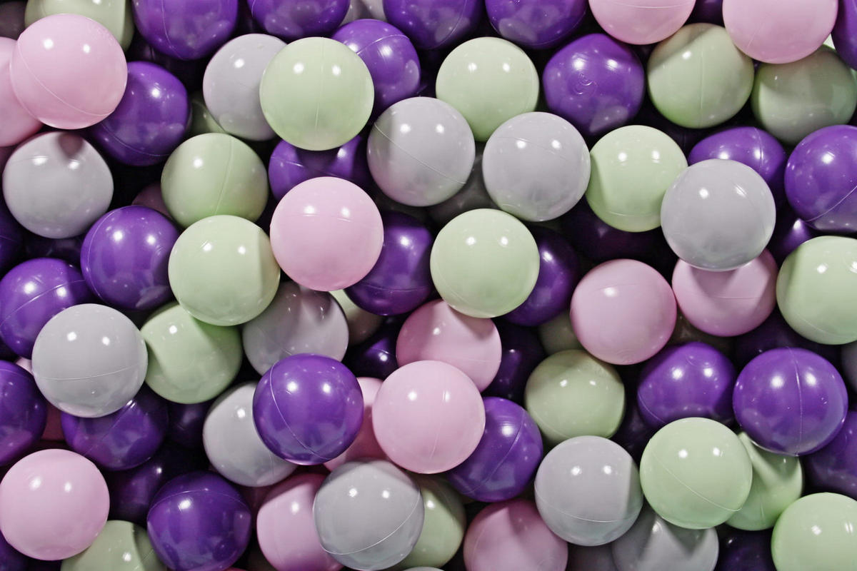 BÄLLE für Bällebad, Spielbälle, Plastikbälle für Kinder Set 300 pcs.: Hellgrün/Violett/Grau/Rosa - Olivgrün, Textil (7/7/7cm) - MeowBaby