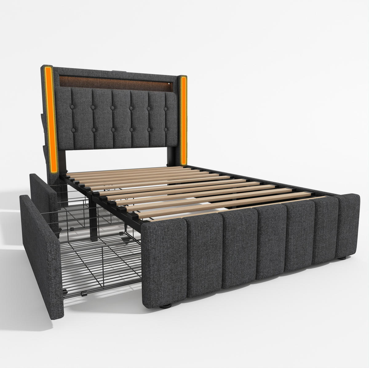 POLSTERBETT 90/200 cm mit USB-, Typ-C-Ladefunktion, LED-Beleuchtung und 2 Schubladen, Grau - Grau, Textil (90/90cm) - Redom