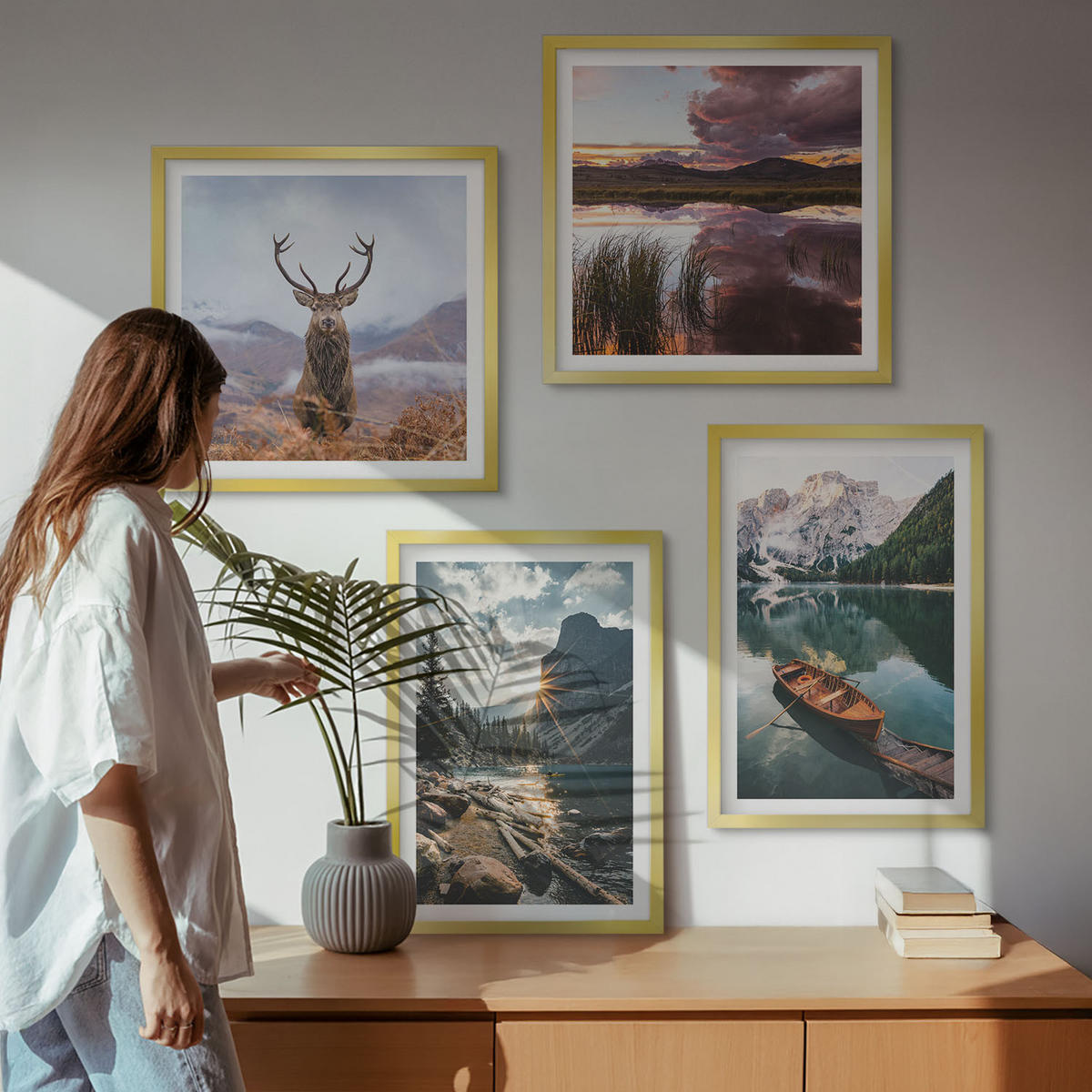 BILDER SET 4er Set - 50x50 cm & 40x60 cm Goldrahmen - Bergsee, Bootsfahrt, Sonnenuntergang, Hirsche - Goldfarben, Kunststoff (50/50cm) - TULUP