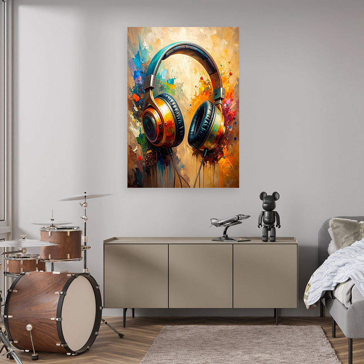 LEINWANDBILD DJ Kopfhörer Musik Abstrakt 60x90cm - Beige, Textil (60/90cm) - Feeby