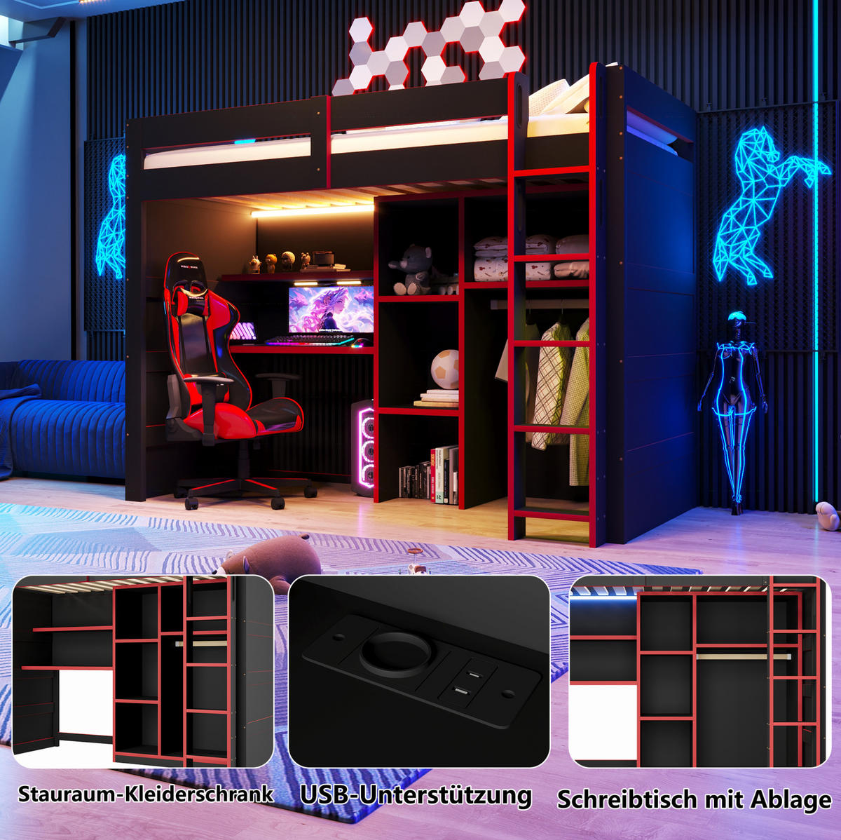 HOCHBETT aus MDF und Sperrholz 90x200 cm Schwarz/Rot mit Schreibtisch, Kleiderschrank und LED-Beleuchtung - Schwarz, Holzwerkstoff (90/200cm) - Modfu