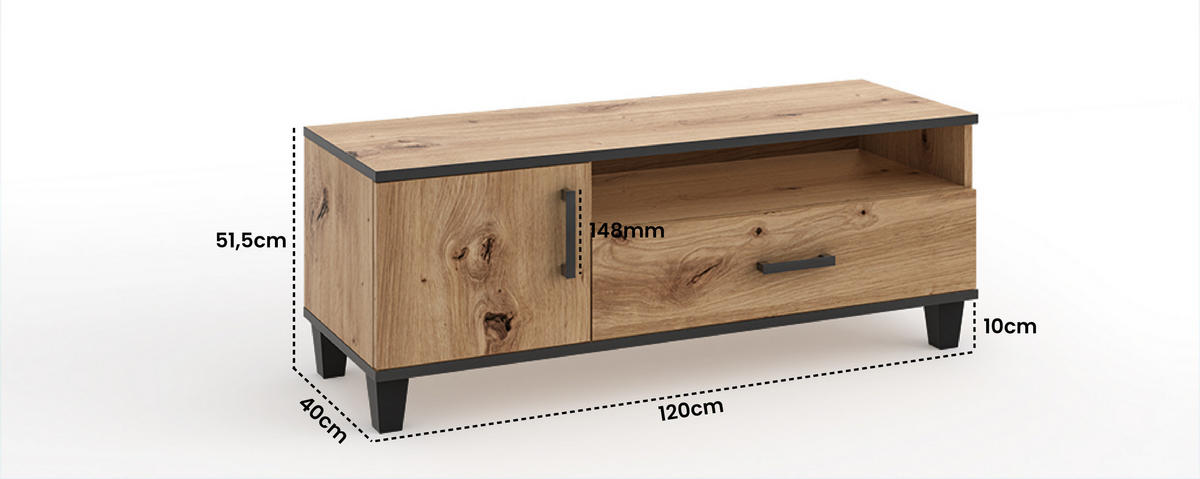TV-SCHRANK Vanessa 120 cm mit Schublade und mit Scharniertür, Eiche Artisan, schwarz - Schwarz/Eiche Artisan, Kunststoff (120/52/40cm) - Margaret Hadas24