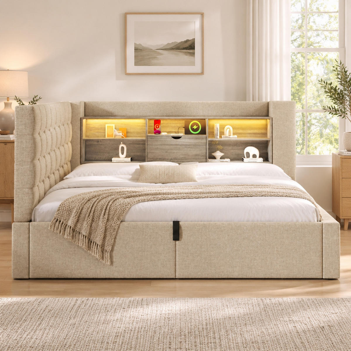 POLSTERBETT 140/200 mit LED, Bettkasten und USB in Beige - Beige, Holzwerkstoff/Textil (140/200cm) - EVRYAE