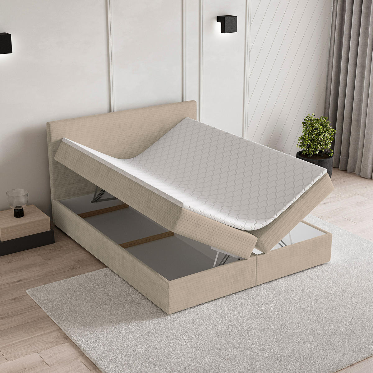 BOXBETT NIRA 160x200 cm mit Matratze und Topper - Creme - Creme, Holz (160/200cm) - MASSENO