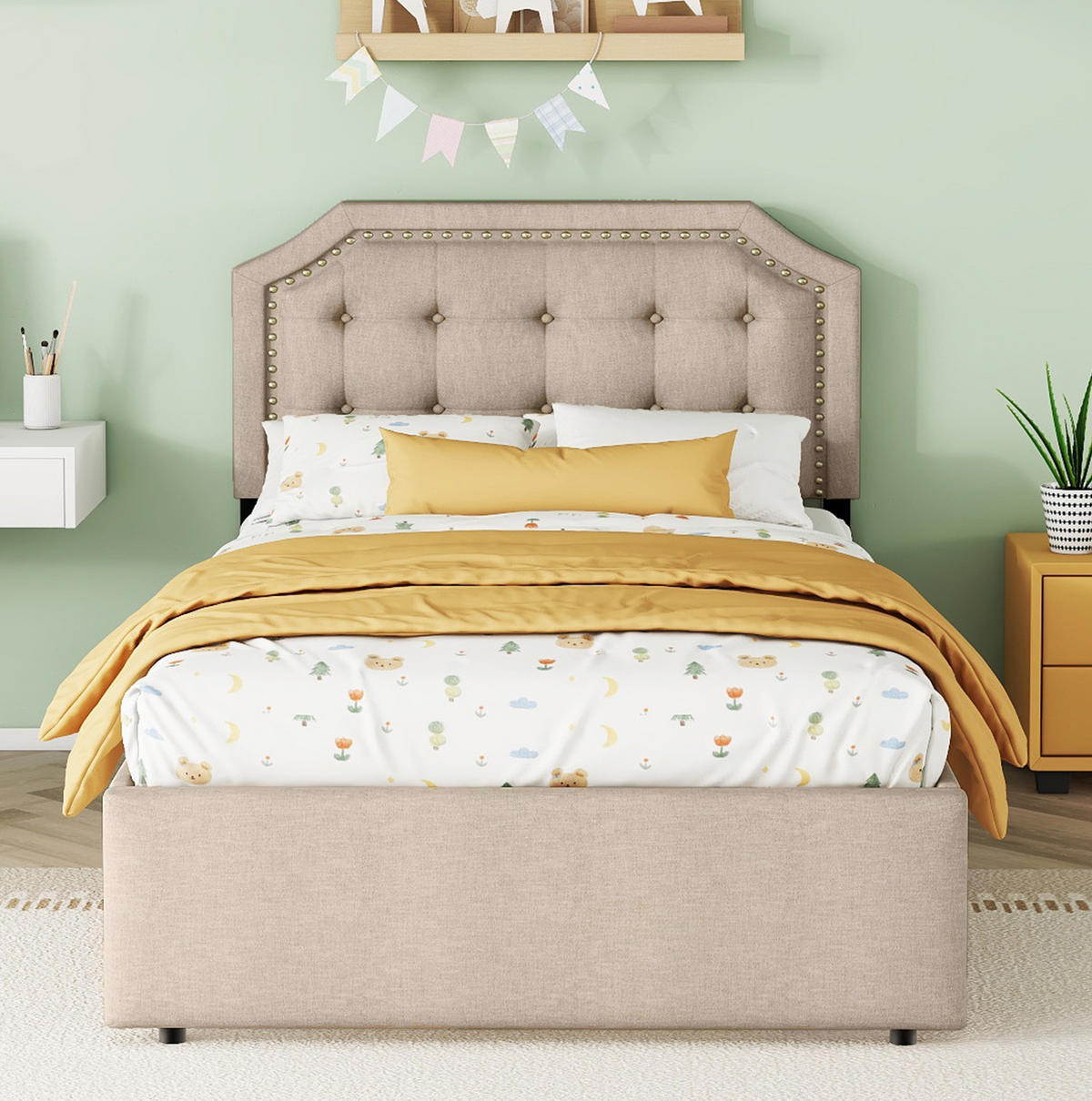 POLSTERBETT 90/200 cm Beige/Braun aus MDF mit 2 Schubladen - Beige, Textil (90/200cm) - OKMYHOME