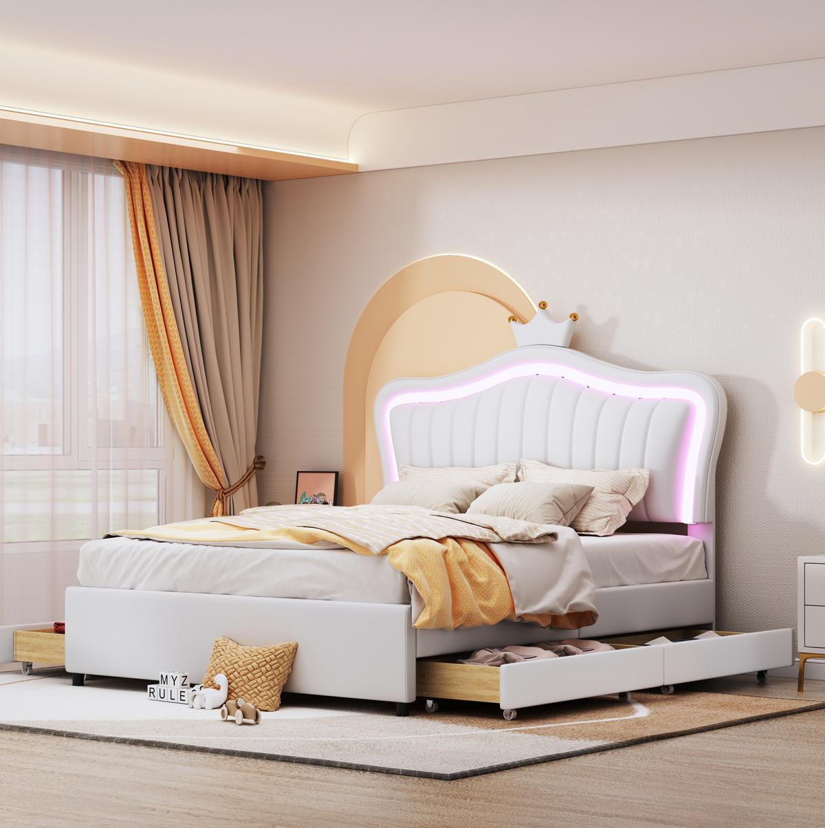 POLSTERBETT mit LED-Beleuchtung 140/200 cm in Weiß mit Stauraumschubladen - Weiß, Textil (140/200cm) - BEAOK