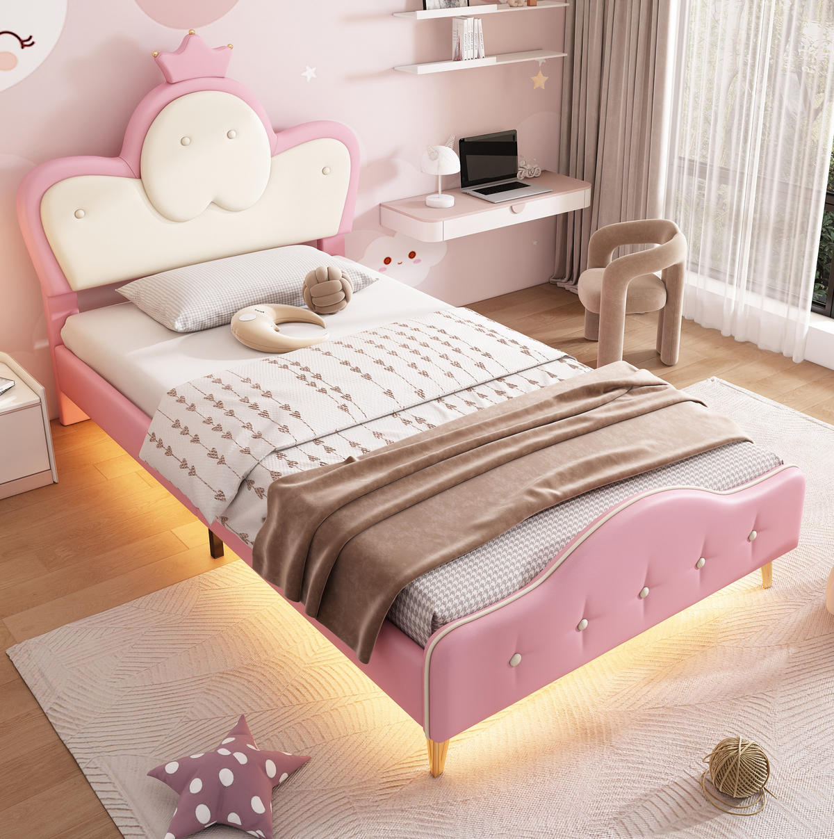 POLSTERBETT 90/200 cm in Rosa/Weiß mit LED-Beleuchtung und Kronen-Kopfteil - Weiß, Kunststoff (90/200cm) - Flora Grace