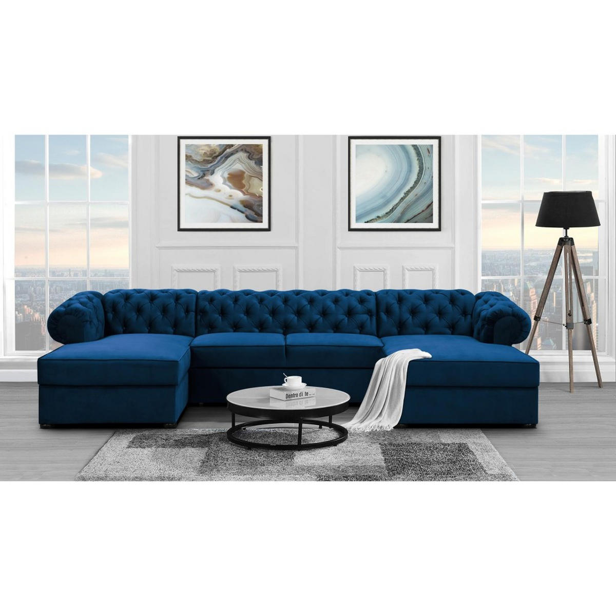 WOHNLANDSCHAFT Chester im Chesterfield-Stil, Dunkelblau - Schwarz/Dunkelblau, Textil (348/81/174cm) - Beautysofa