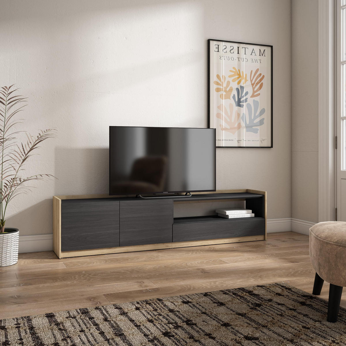 TV-SCHRANK, Lowboard, Schwarz Eiche, 207/37/50cm - Schwarz, Holzwerkstoff (207/50/37cm) - Skraut Home