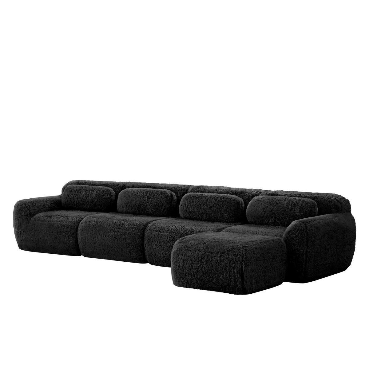 ECKSOFA 378/179/73 cm Schwarz Plüsch mit 1 Fußhocker und 2 kleinen Dekokissen - Schwarz, Textil (378/179cm) - Oxeza