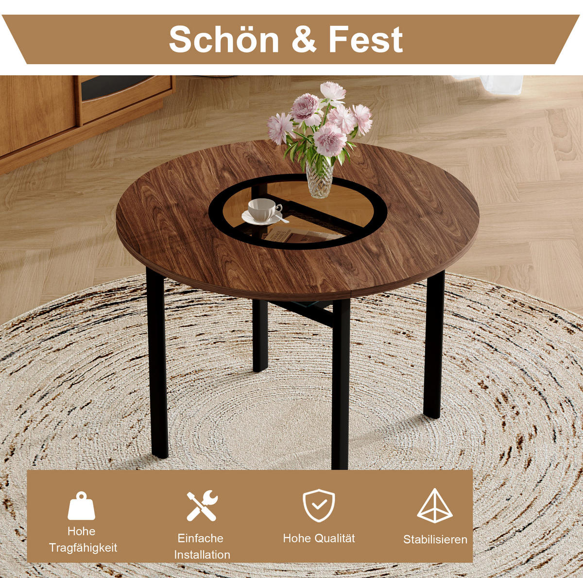 ESSTISCH rund 100 cm in Braun/Schwarz mit Glasintarsie und Ablage - Braun, Holzwerkstoff (100/100/76cm) - Flora Grace