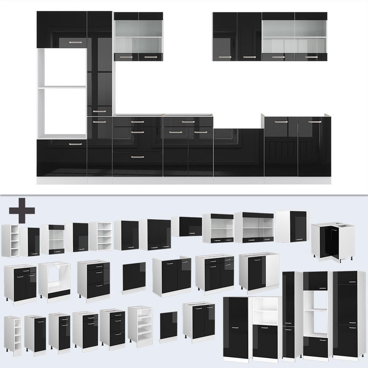 KÜCHENZEILE R-Line Schwarz Hochglanz/Weiß 350 cm mit Hochschrank AP Anthrazit - Schwarz Hochglanz/Weiß, Holzwerkstoff (350/81.6/60cm) - Vicco