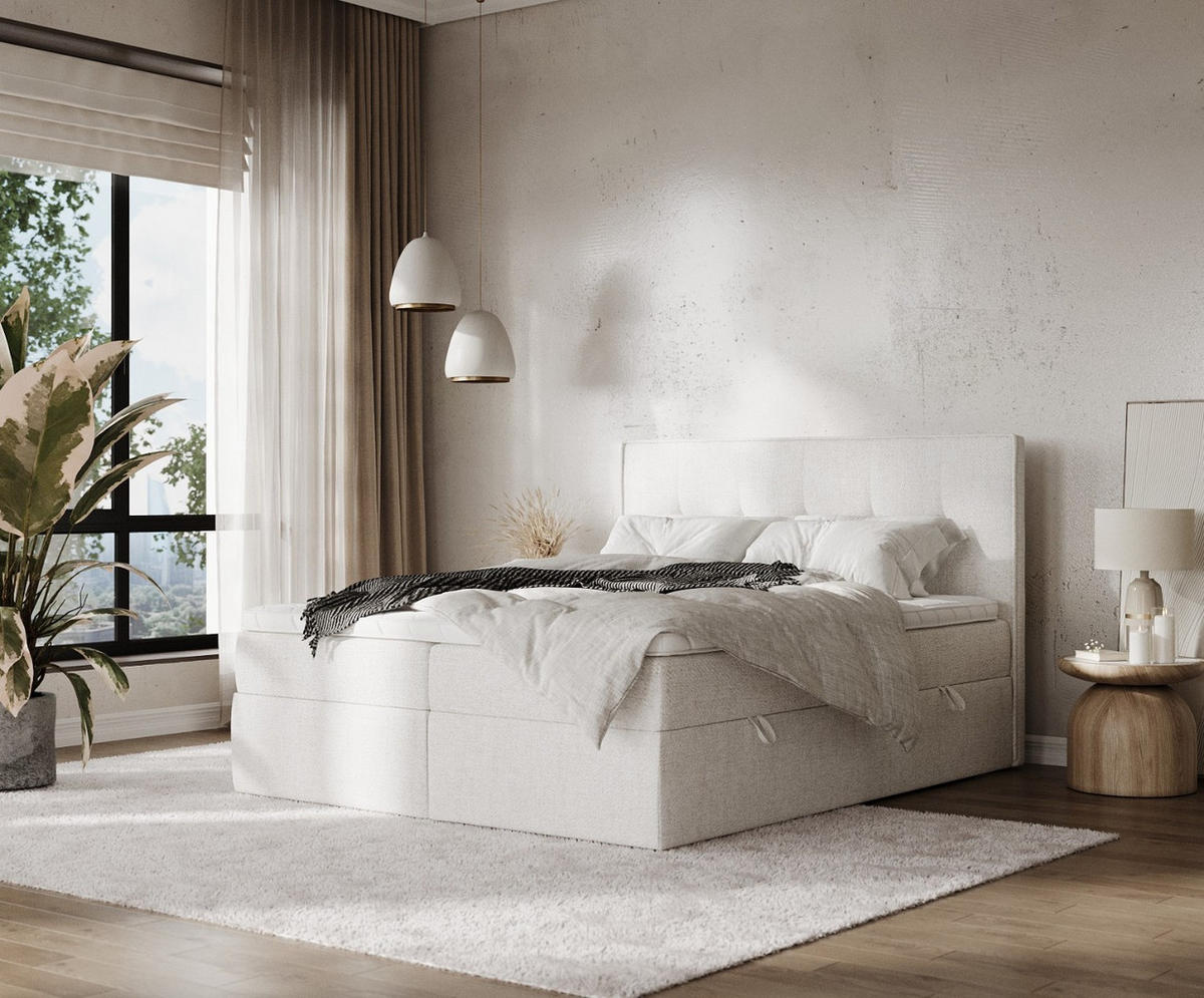 BOXBETT Mireo 200/200 cm Creme im Neve Stoff - Creme/Schwarz, Holz/Holzwerkstoff (200/200cm) - AltaBeds