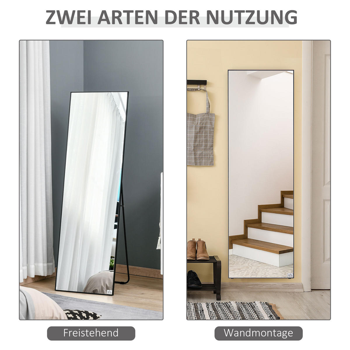 STANDSPIEGEL, freistehender Ganzkörperspiegel, Ankleidespiegel für Flur, Alu - Schwarz, Glas (2/161.5/50cm) - HOMCOM
