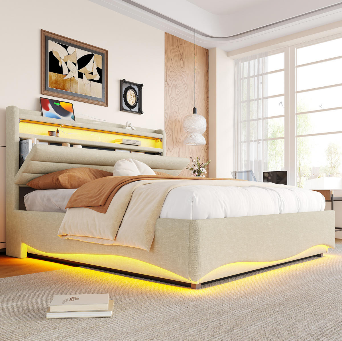POLSTERBETT 140/200 cm grau aus Leinen mit LED und Stauraum - Grau, Textil (140/200cm) - OKWISH