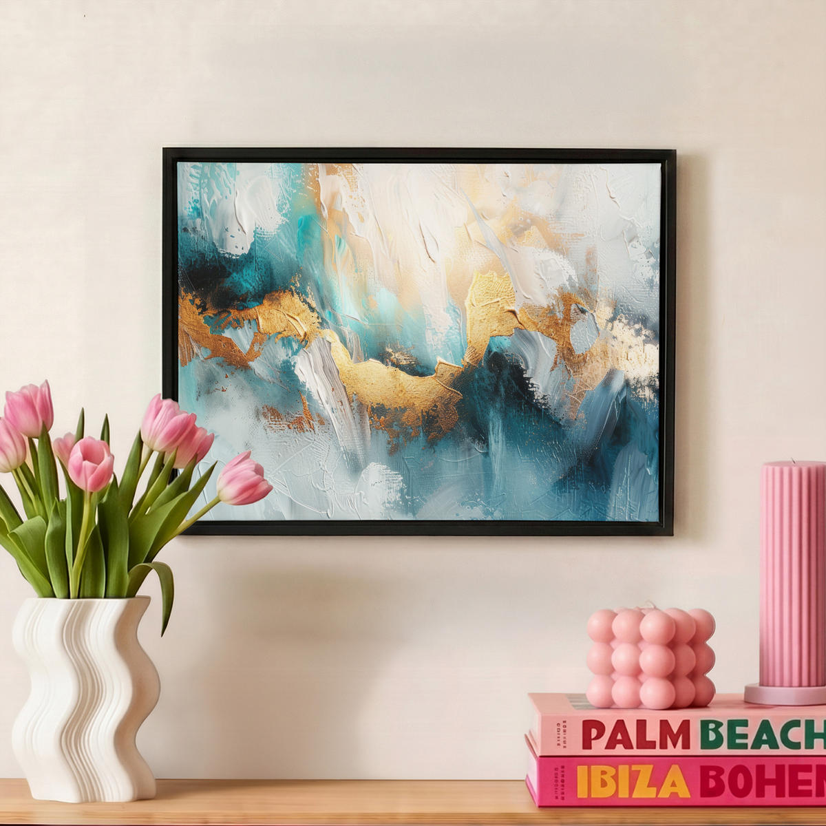 LEINWAND Bilder mit Rahmen - Abstrakt - Kunst - Gold - Blau - 40x30 - Petrol, Textil (40/30cm) - MuchoWow