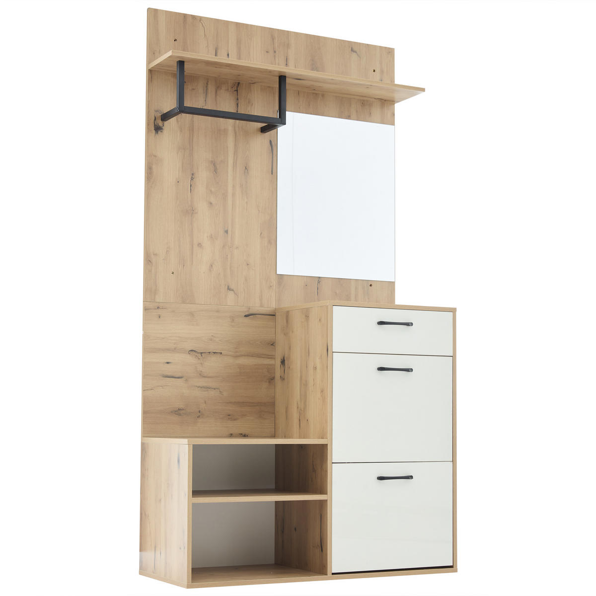DIELENGARDEROBE mit Spiegel und Sitzbank 100/38,5/190 cm in Weiß/Natur - Weiß, Holzwerkstoff (100/190/38.5cm) - BEAOK