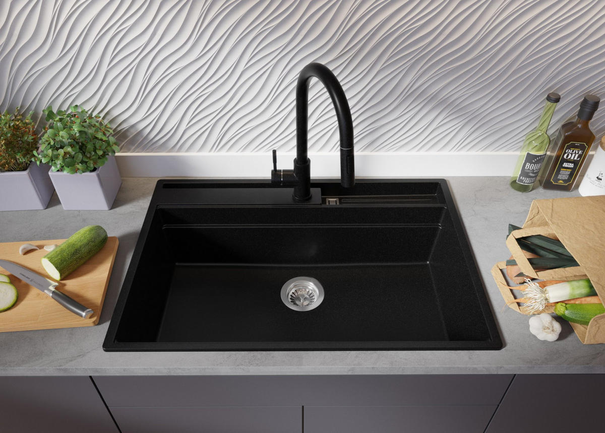 GRANITSPÜLE Oslo Pocket, 2-er set Schwarz 78/53 cm 1 Becken + Küchenarmatur 40/20 cm + Ablauf-Set + Küchenzubehörset ab 80er Unterschrank - Chromfarben/Beige, Kunststoff (78/20/53cm) - Primagran