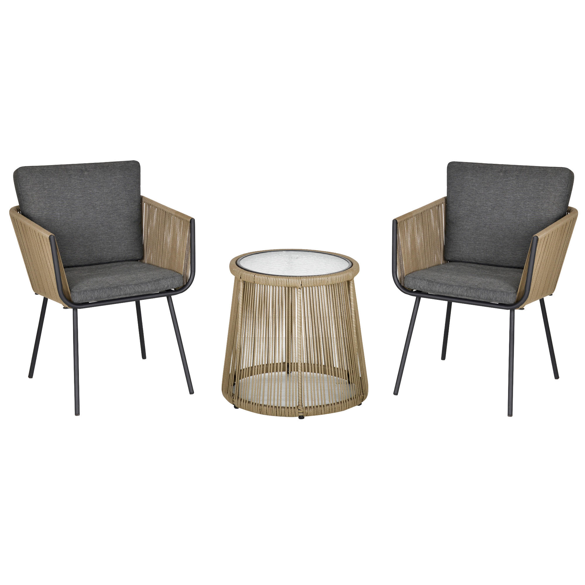 SITZGRUPPE, 3-tlg. Rattan Gartenmöbel-Set, Gartengarnitur mit 2 Gartenstühle - Grau, Kunststoff - Outsunny