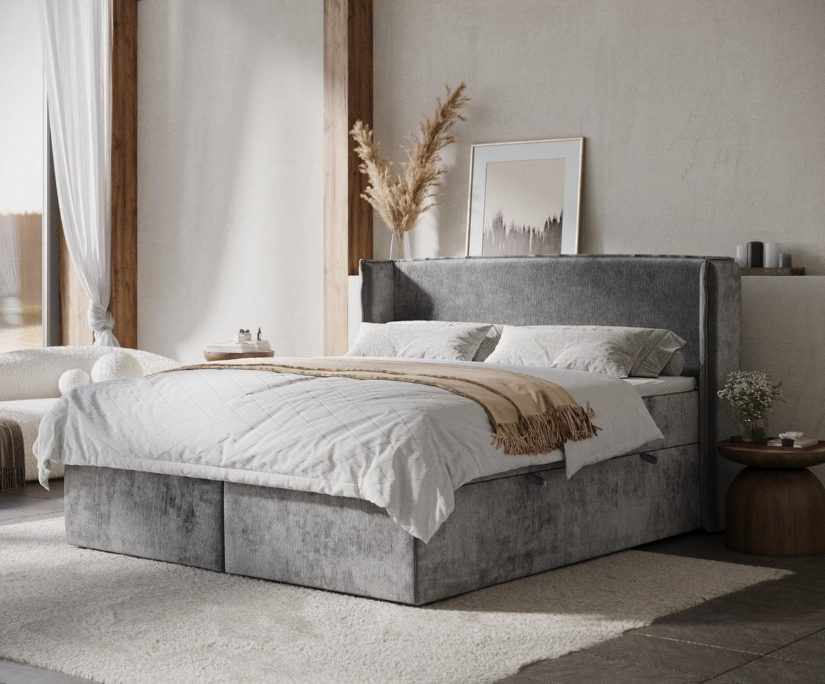 BOXBETT Skyline Dunkelgrau 160/200 cm mit Matratze und Topper - Dunkelgrau/Schwarz, Holz/Holzwerkstoff (160/200cm) - Maison de Reve