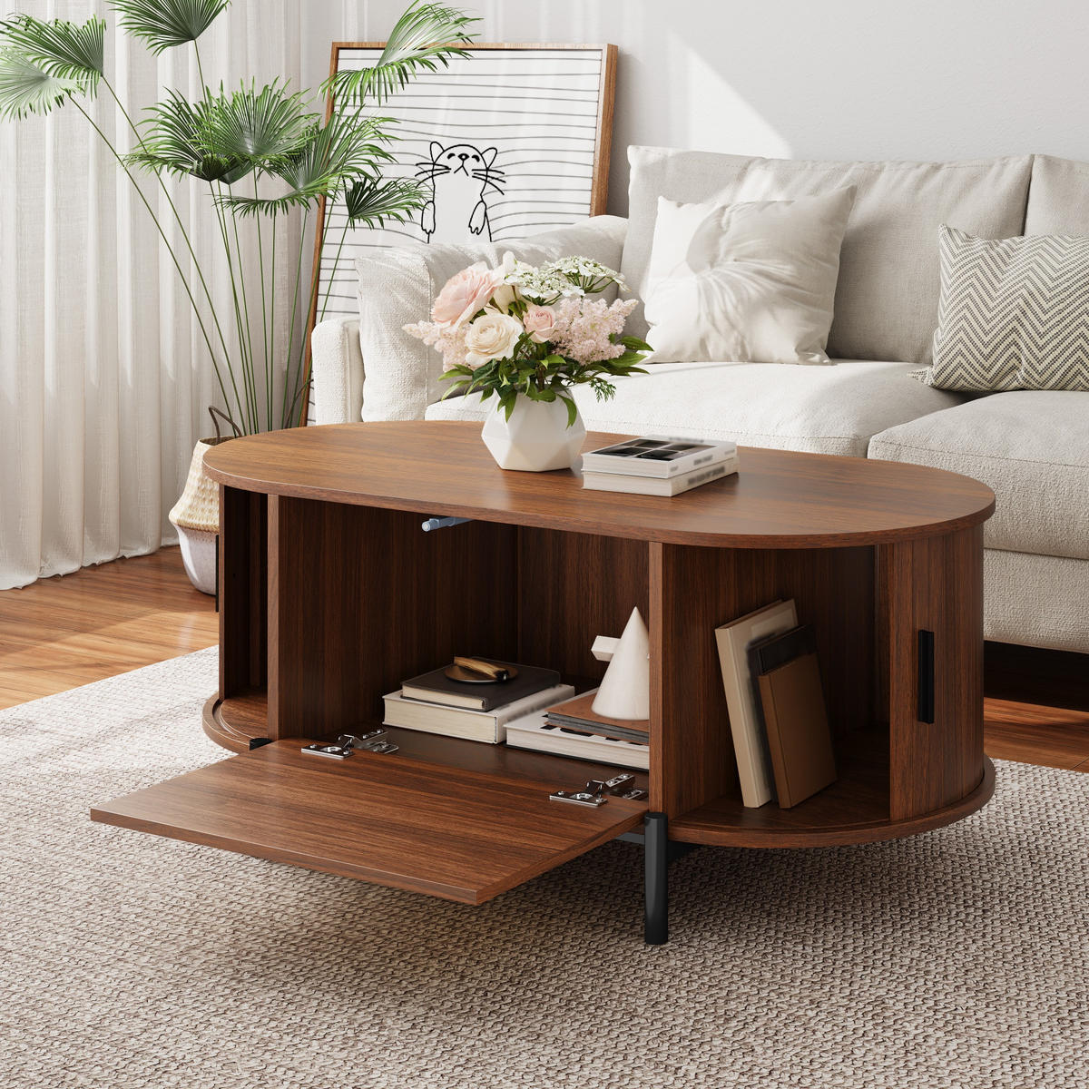 COUCHTISCH Oval Rattan Schiebetüren Metallbeine modern - Walnussfarben, Holzwerkstoff (100/50/40cm) - FLIEKS