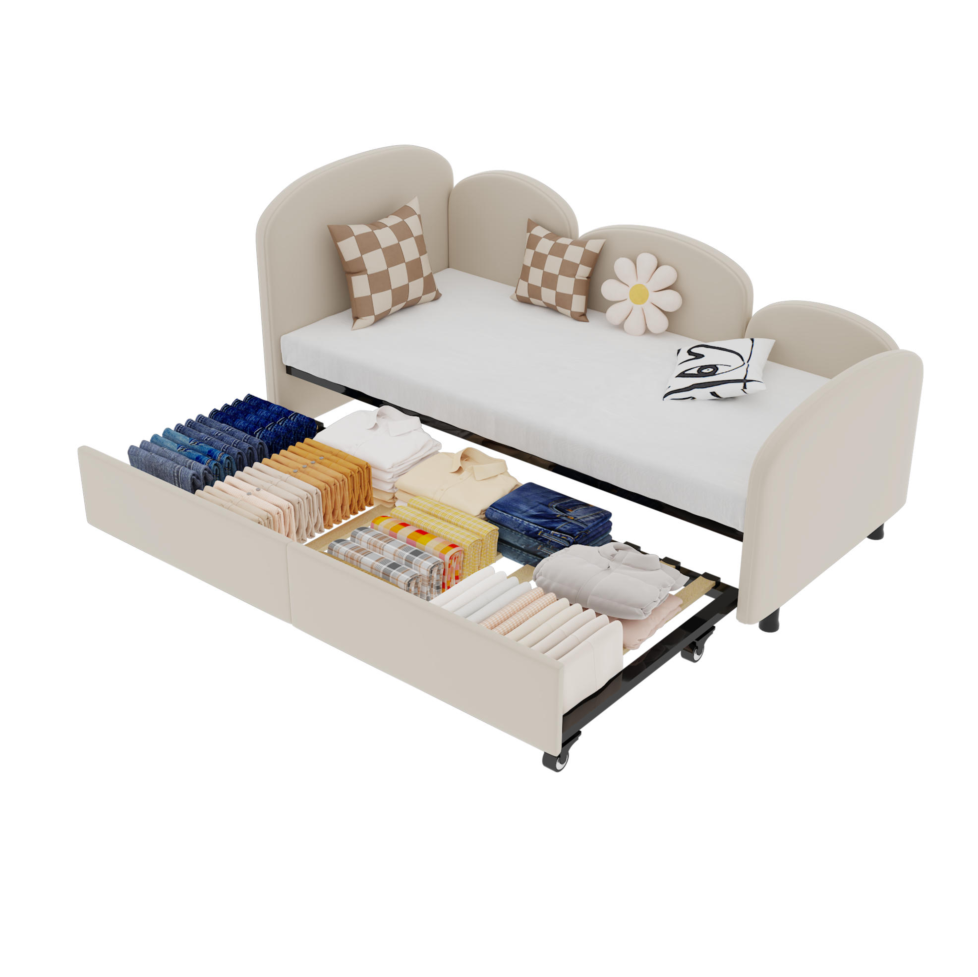 POLSTERBETT 90/200 cm in Beige aus Samt mit Schublade und Blumenform - Beige, Textil (90/200cm) - Flora Grace
