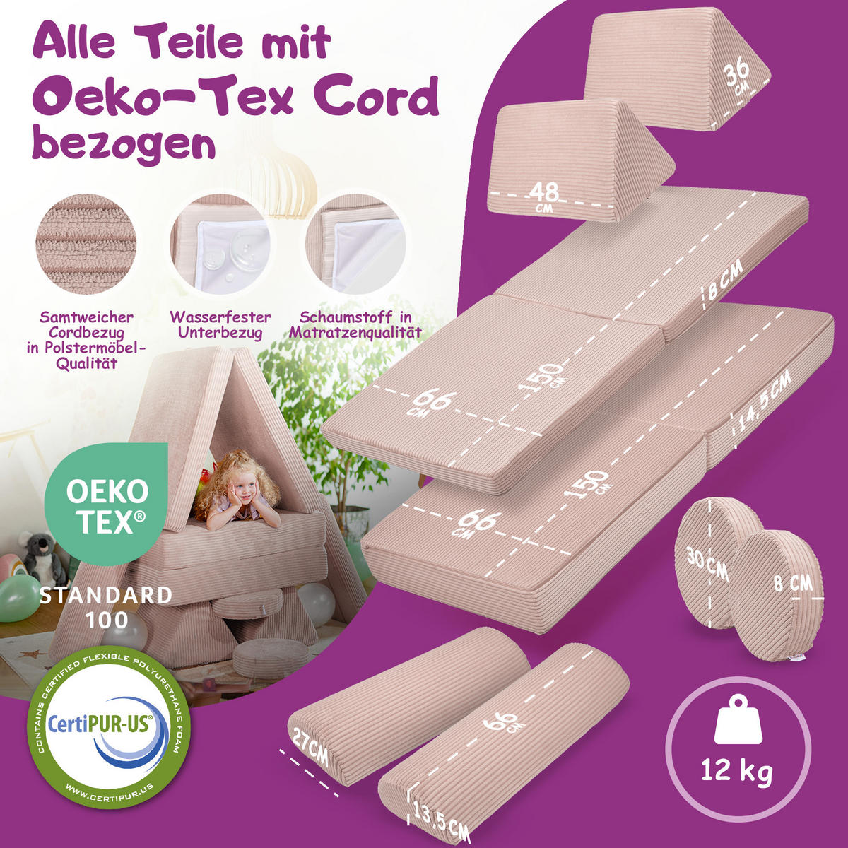 SPIELSOFA Kinder Fantasiewelt 8tlg - Rosa, Textil (150/55/66cm) - Linodino