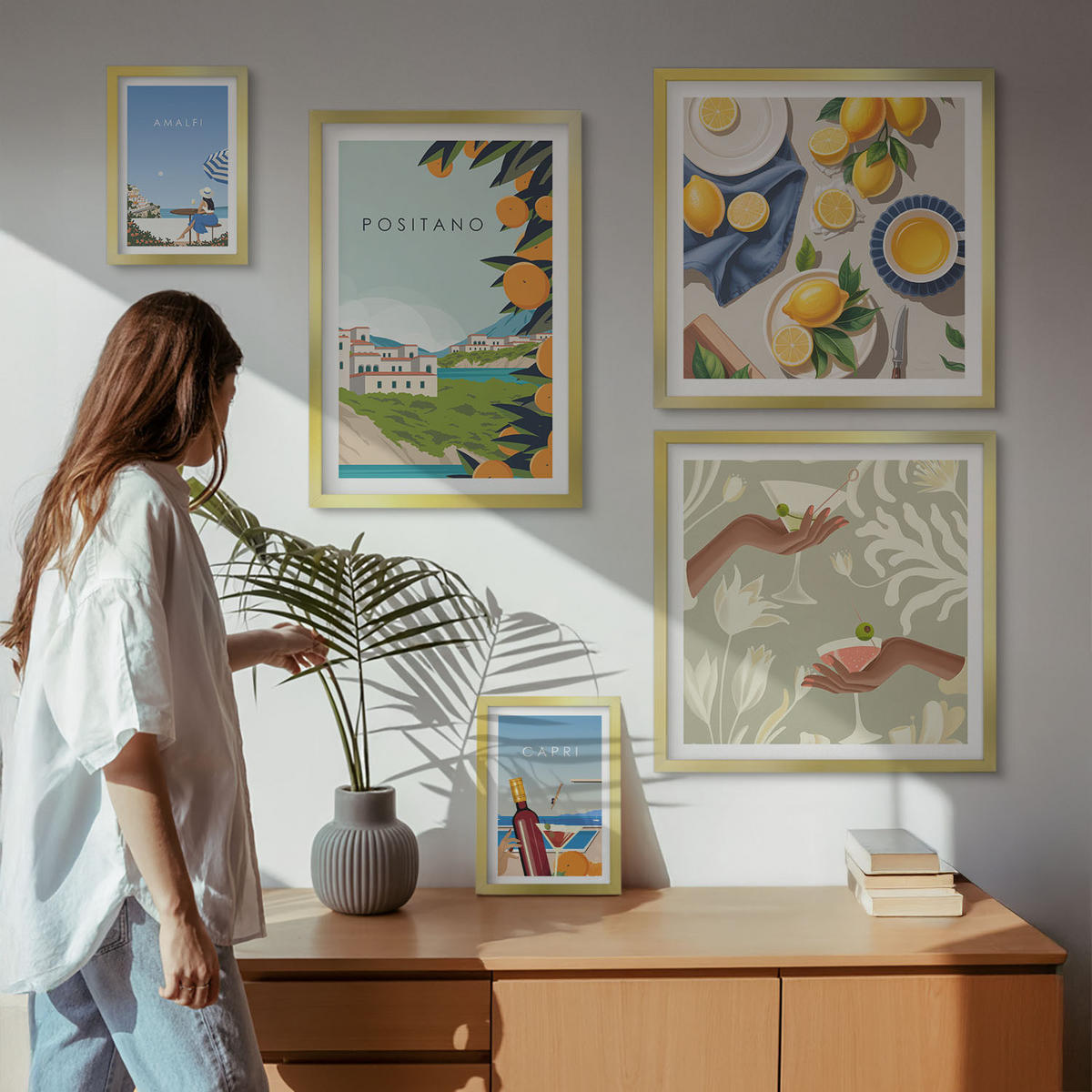 BILDER SET 5er Set - 50x50 cm & 20x30 cm & 40x60 cm Goldrahmen - Fruchtmuster und italienische Kultur - Goldfarben, Kunststoff (40/60cm) - TULUP