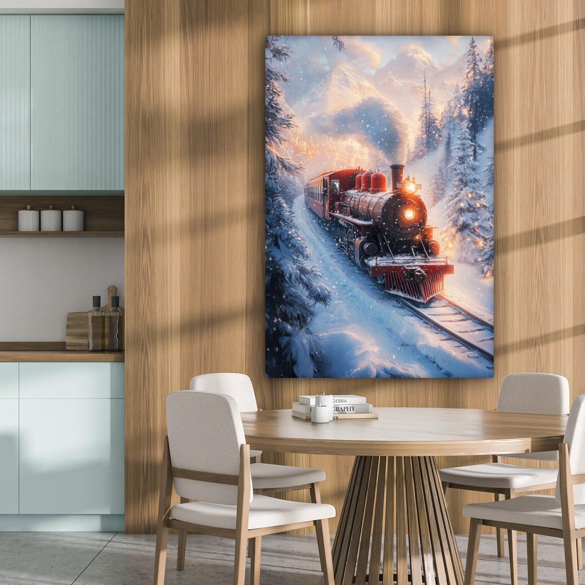 LEINWANDBILD Weihnachtszug - Schnee - Winter - Weihnachten 80x120 cm - Dunkelrot, Textil (80/120cm) - MuchoWow