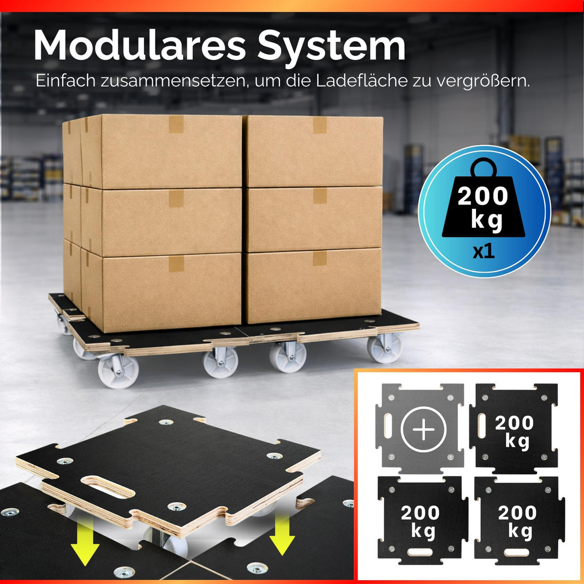 TRANSPORTROLLER 2er-Set Hercules modular 39x39 cm Traglast 200kg Siebdruck Holzplatte Schwarz - Schwarz, Metall (39/39/10cm) - PROREGAL