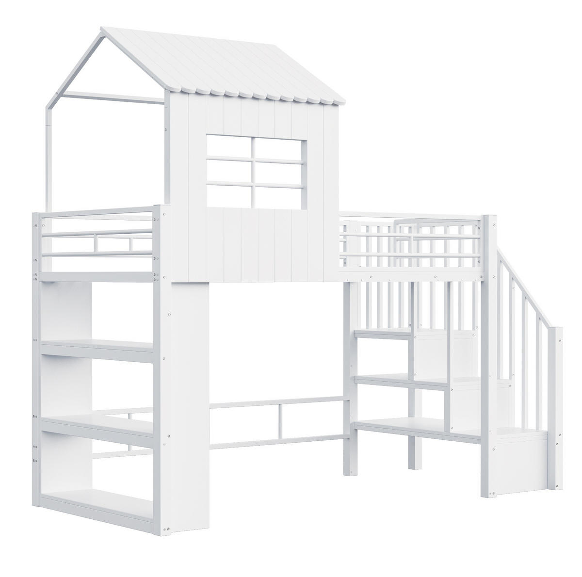 HOCHBETT aus MDF und Metall 90x200 cm Weiß mit Stauraumtreppe, Regal und großem Unterbettbereich - Weiß, Holzwerkstoff (90/200cm) - Modfu