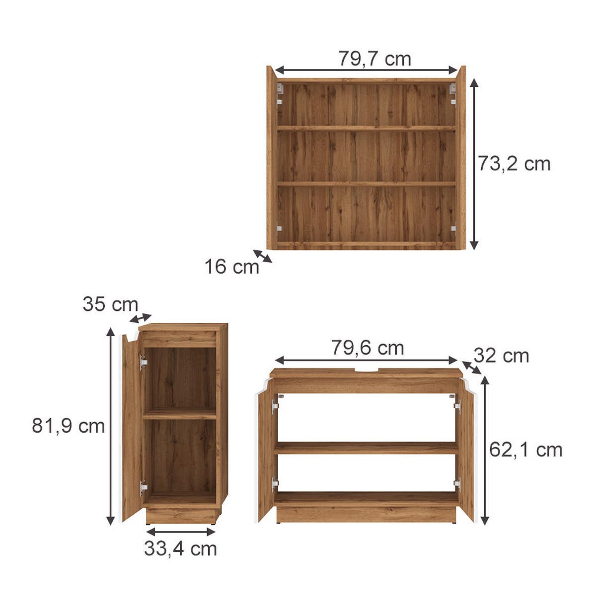 BADMÖBEL-SET Lotta Eiche/weiß gestreift 3 Teile - Eichefarben/Weiß, Holzwerkstoff (79.6/62.1/32cm) - Vicco