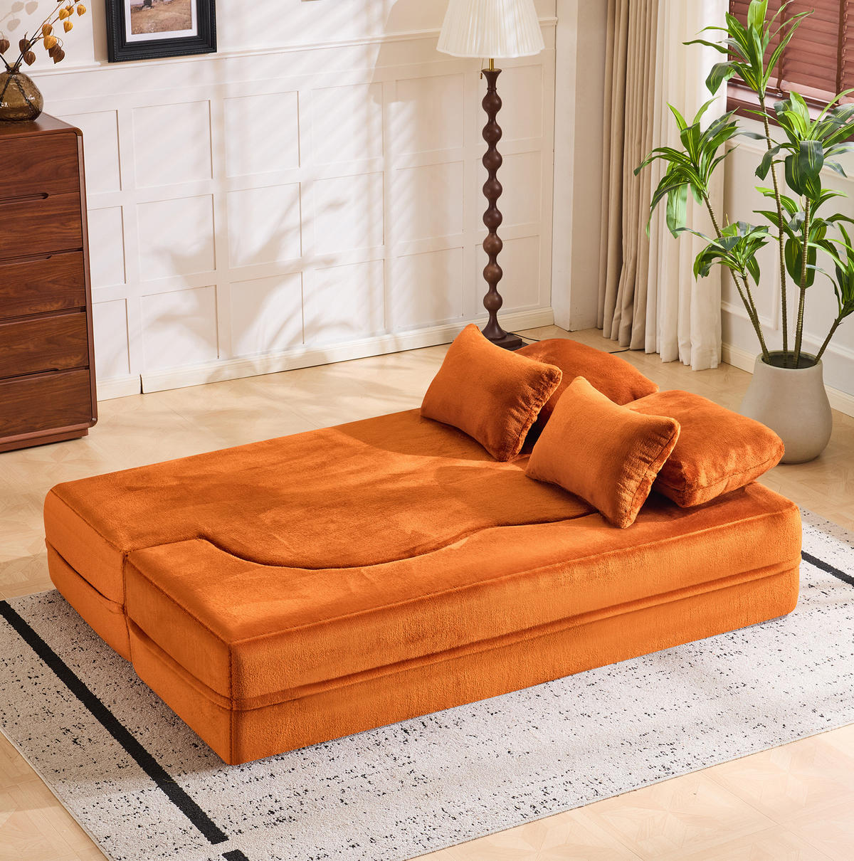 SCHLAFSOFA aus Schaumstoff und Feder Orange klappbar mit 4 Kissen und multifunktionalem Design - Orange, Kunststoff (198/76/60cm) - Modfu