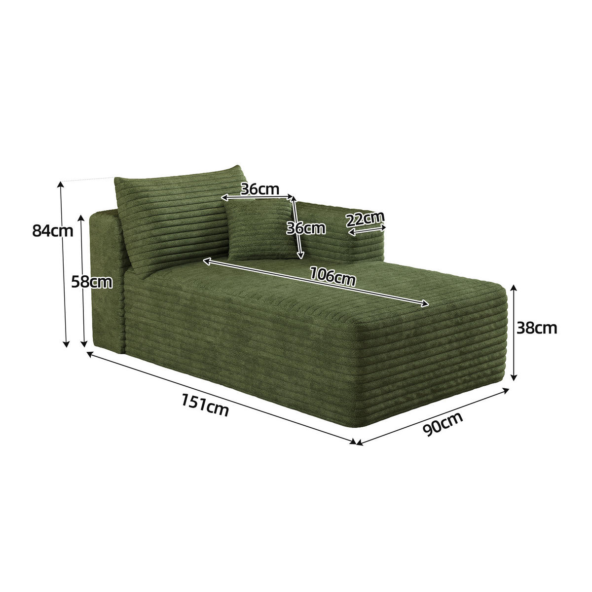 RÉCAMIERE DE-34736 linke Chaiselongue mit Corduroy Grün - Grün, Textil (90/58/151cm) - ComfortXL